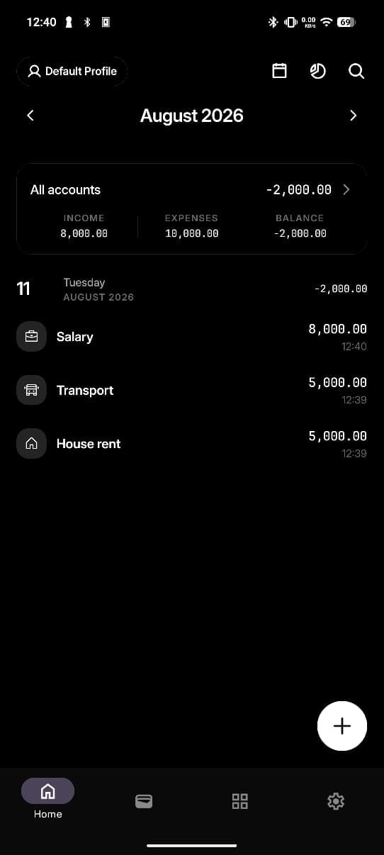 Expensifo home screen listing a salary, transport and house rent record for August 2026 with income, expenses and balance totals.